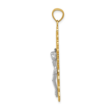 14k Two-Tone Gold Crucifix Pendant with High Relief Jesus Figure, Latin Cross Religious Charm