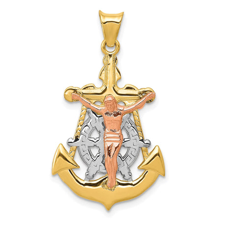 14k Multi-Tone Gold Crucifix Cross Pendant with Anchor Symbol and Rhodium Finish