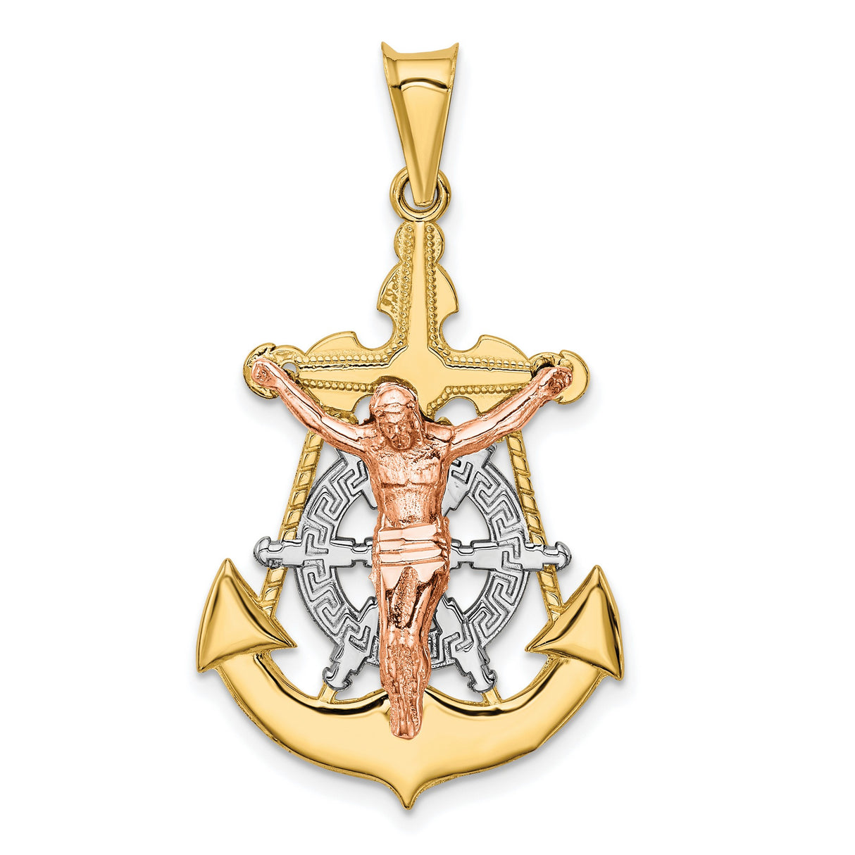 With Rhodium Mariners Crucifix Charm Pendant in Real 14k Multi-Tone Gold