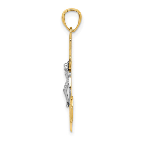 14k Multi-Tone Gold Crucifix Cross Pendant with Rhodium Mariner Anchor Design