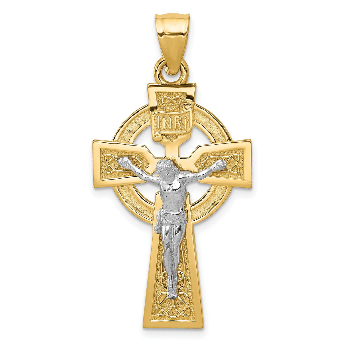 Polished INRI Celtic Iona Crucifix Charm Pendant in Real 14k Multi-Tone Gold