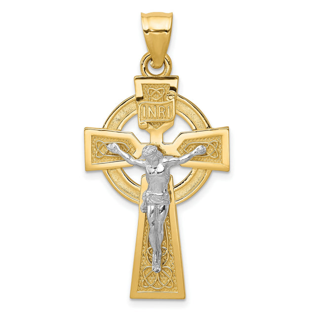 Polished INRI Celtic Iona Crucifix Charm Pendant in Real 14k Multi-Tone Gold