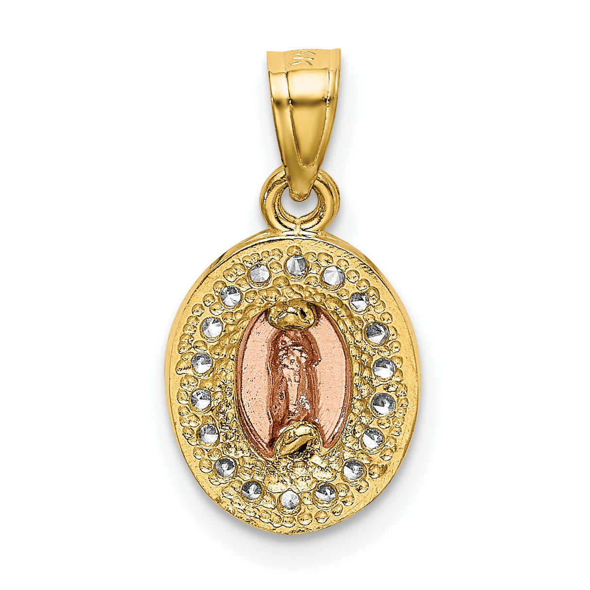 Oval Our Lady of Guadalupe with CZ Stone Border Charm Pendant in Real 14k Multi-Tone Gold
