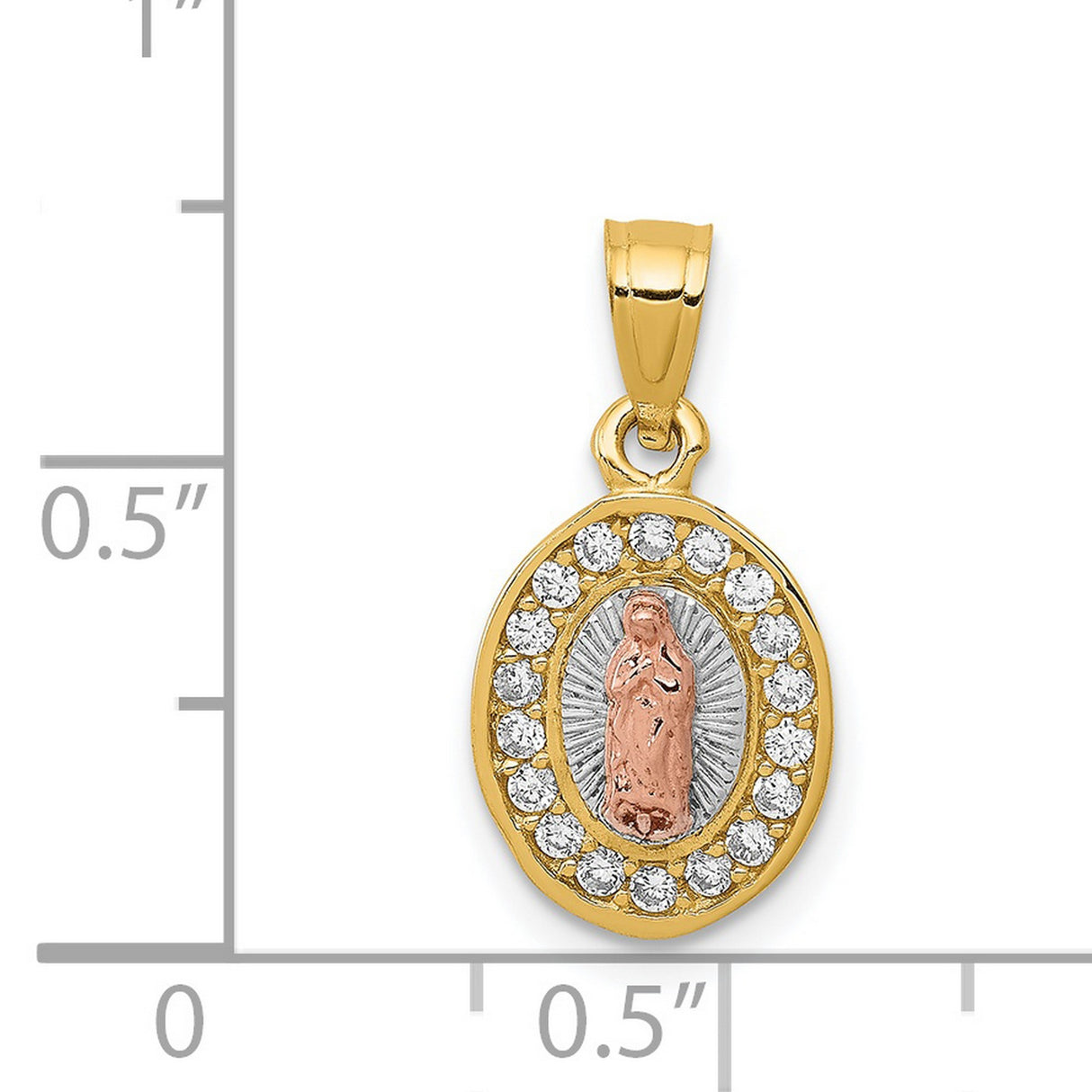 Oval Our Lady of Guadalupe with CZ Stone Border Charm Pendant in Real 14k Multi-Tone Gold