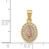 Oval Our Lady of Guadalupe with CZ Stone Border Charm Pendant in Real 14k Multi-Tone Gold