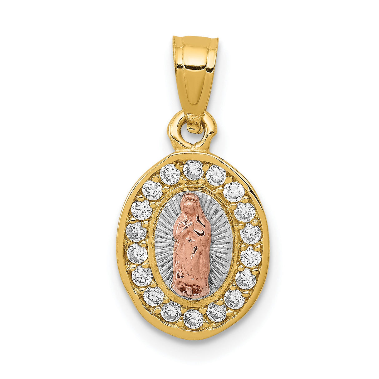 Oval Our Lady of Guadalupe with CZ Stone Border Charm Pendant in Real 14k Multi-Tone Gold