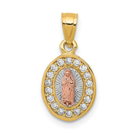 14k Two-Tone Gold Virgin Mary Oval Pendant with Cubic Zirconia, Religious Charm for Women