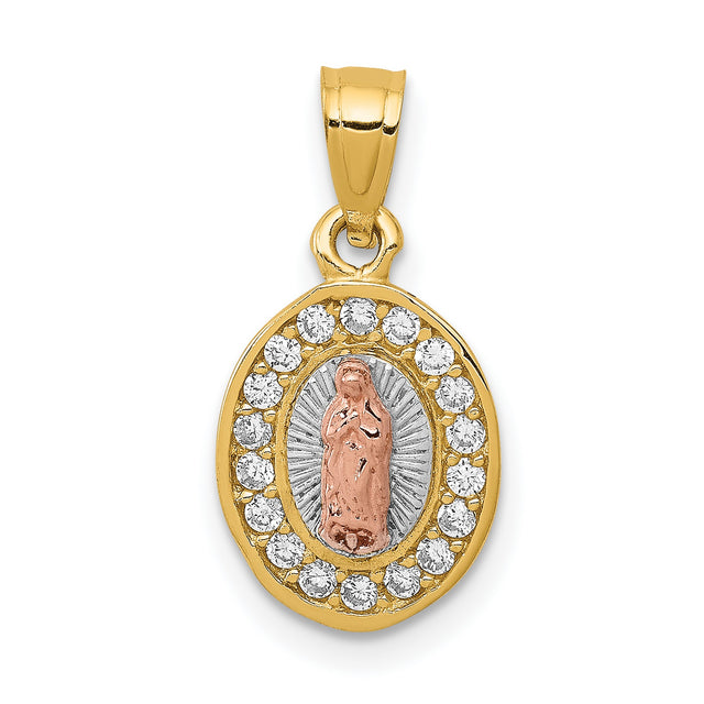 Oval Our Lady of Guadalupe with CZ Stone Border Charm Pendant in Real 14k Multi-Tone Gold