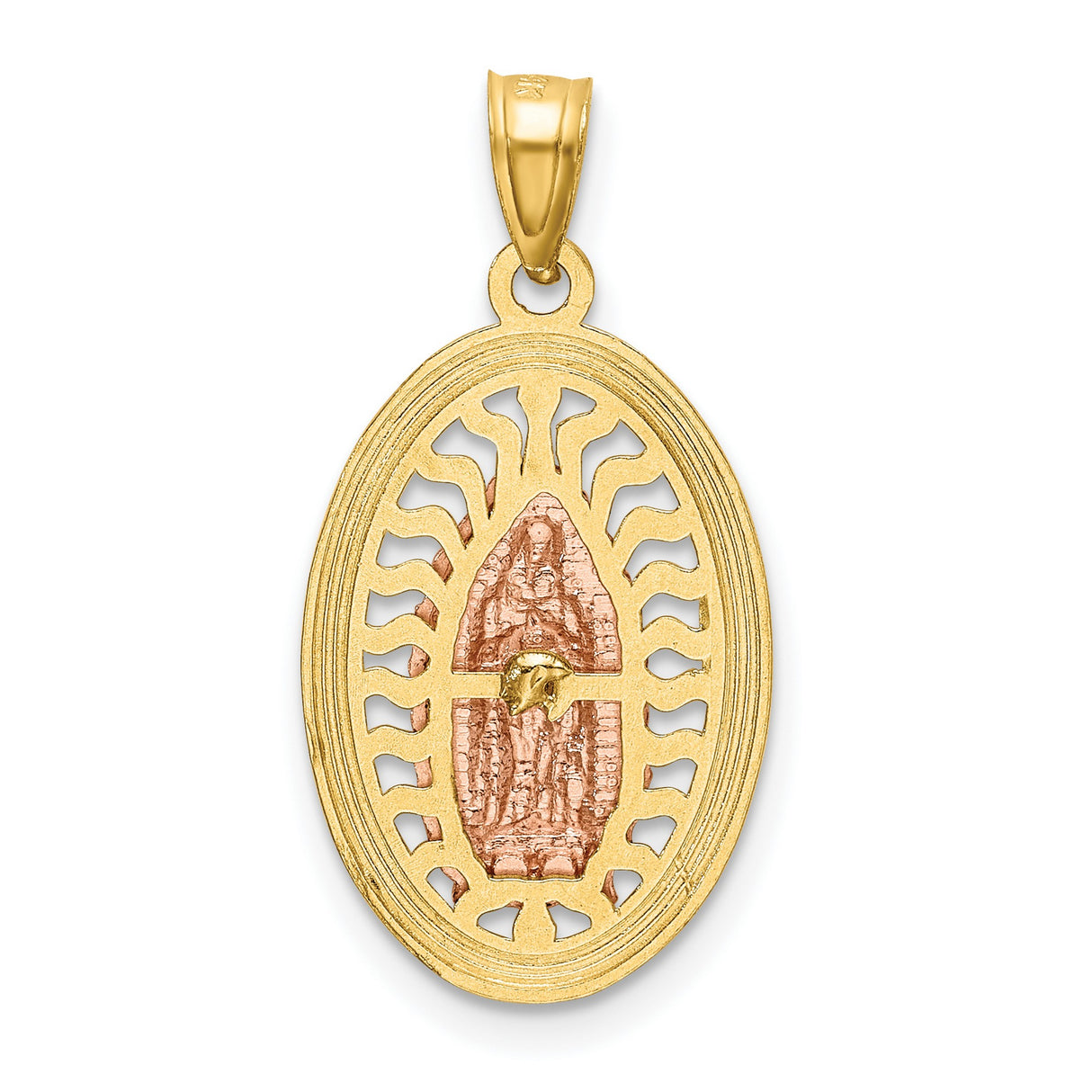 Our Lady of Guadalupe Filigree Design Oval Charm Pendant in Real 14k Multi-Tone Gold