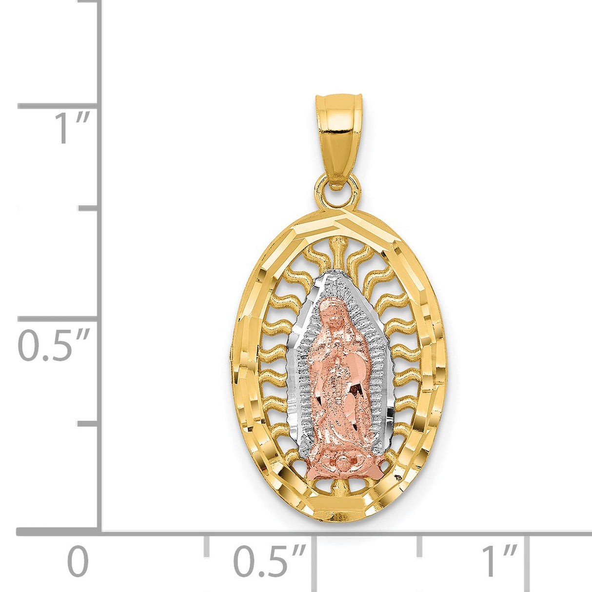 Our Lady of Guadalupe Filigree Design Oval Charm Pendant in Real 14k Multi-Tone Gold