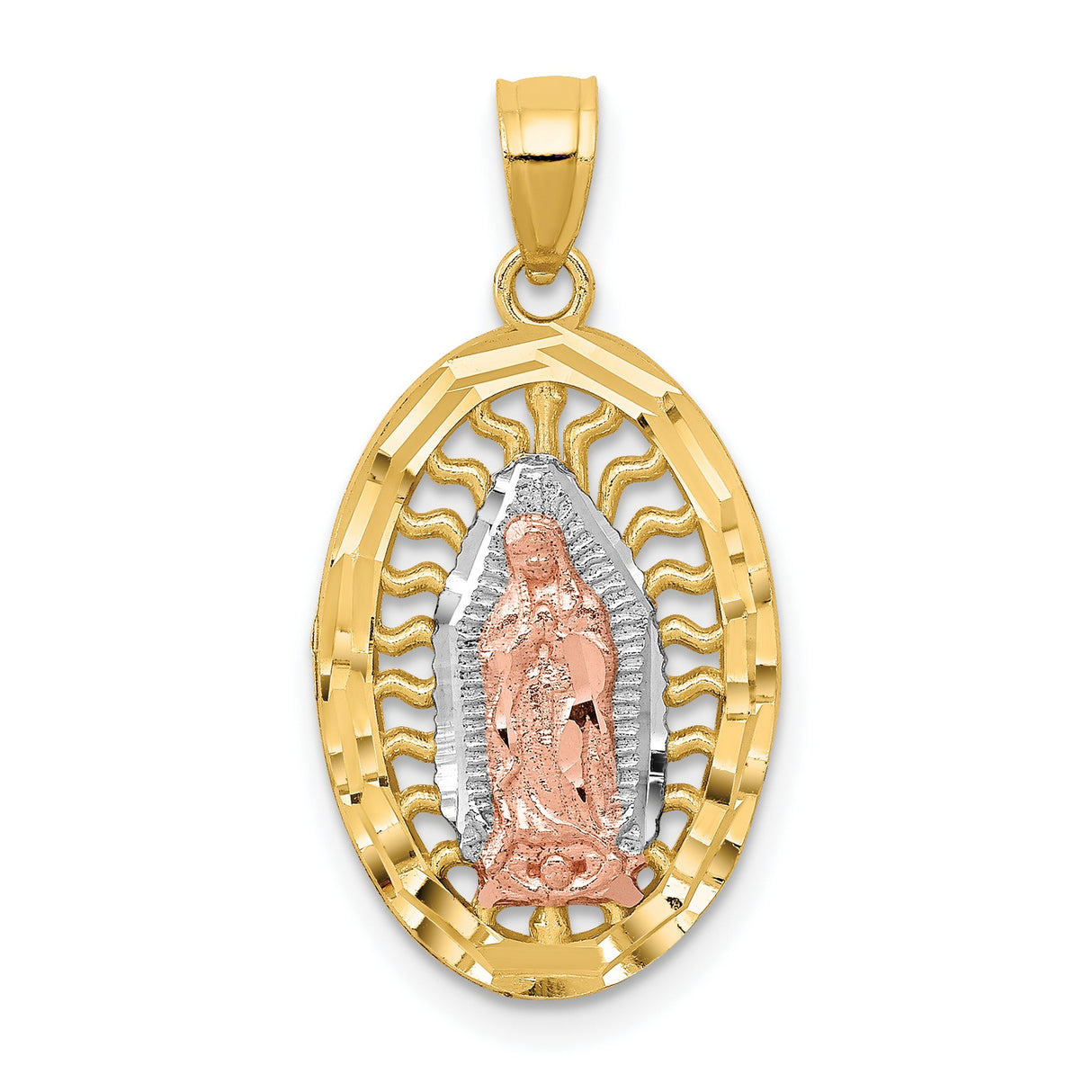 Our Lady of Guadalupe Filigree Design Oval Charm Pendant in Real 14k Multi-Tone Gold