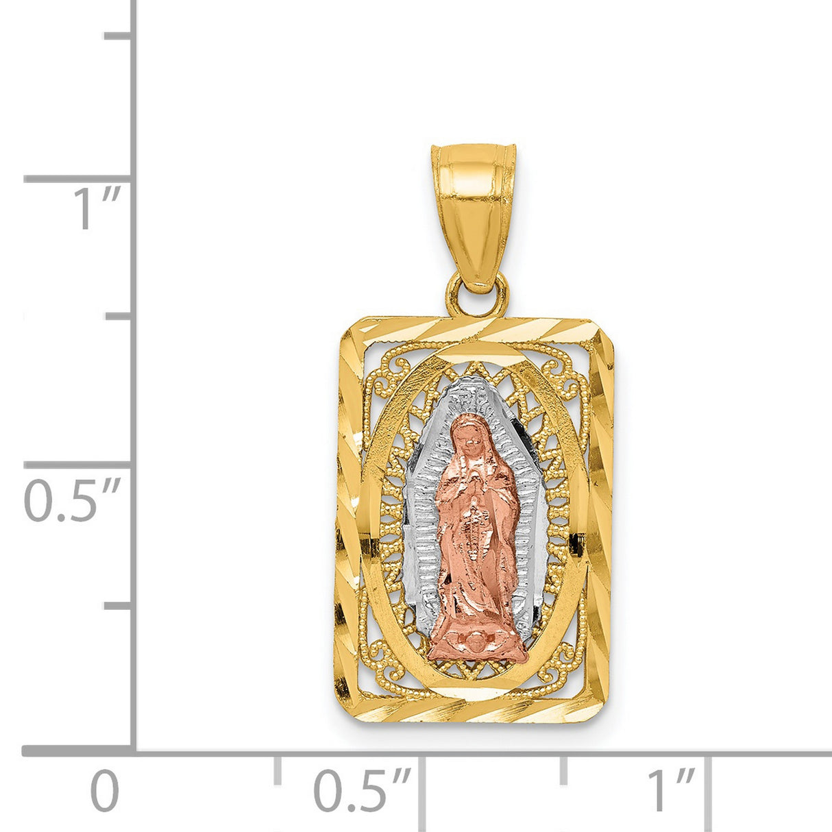 Our Lady of Guadalupe Framed Figurine Charm Pendant in Real 14k Multi-Tone Gold