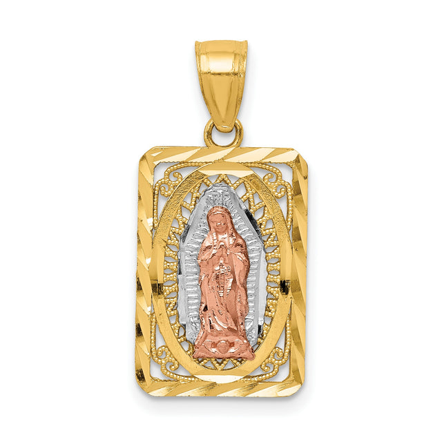 Our Lady of Guadalupe Framed Figurine Charm Pendant in Real 14k Multi-Tone Gold