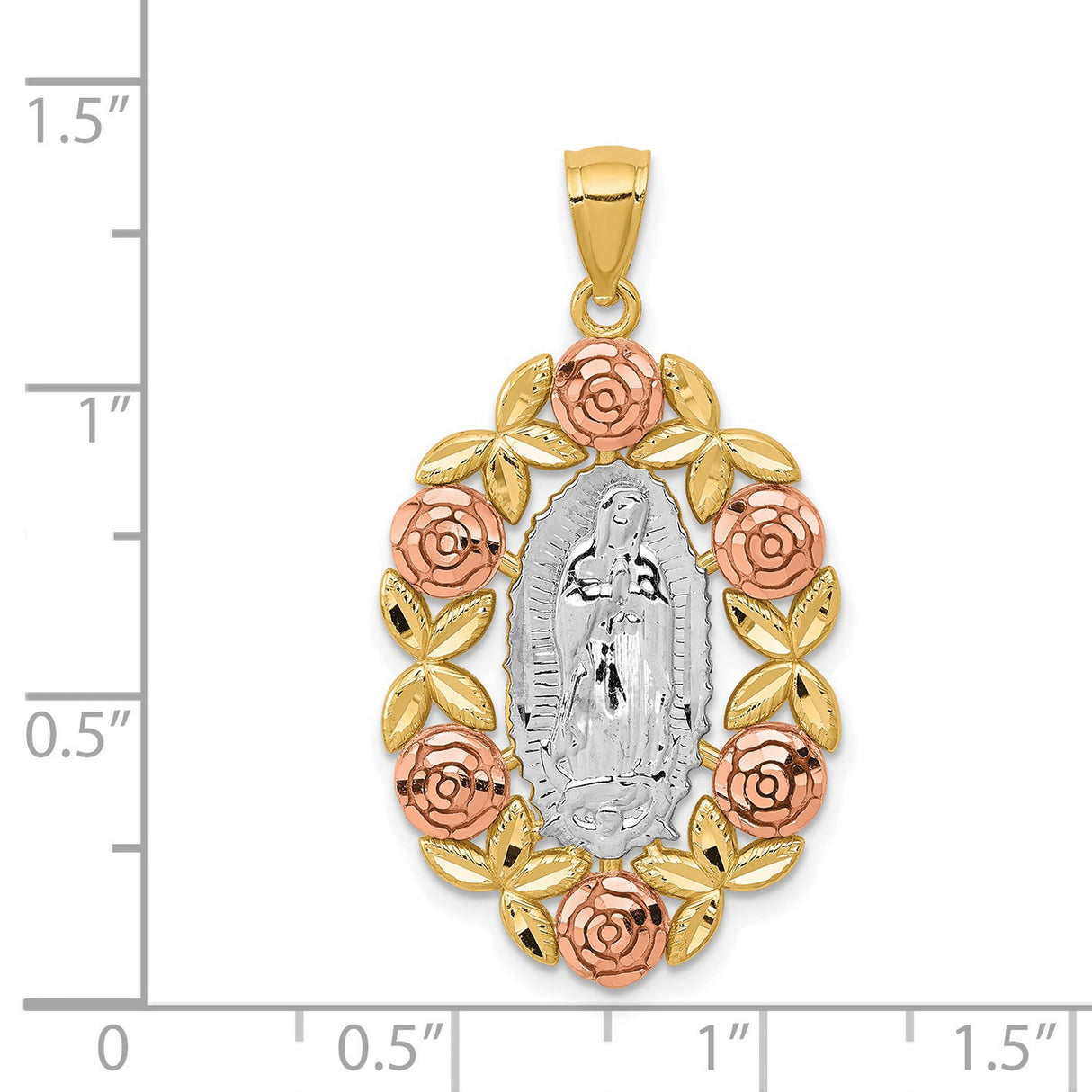 Our Lady of Guadalupe with Rose Gold Flower Border Charm Pendant in Real 14k Multi-Tone Gold