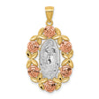 Our Lady of Guadalupe with Rose Gold Flower Border Charm Pendant in Real 14k Multi-Tone Gold