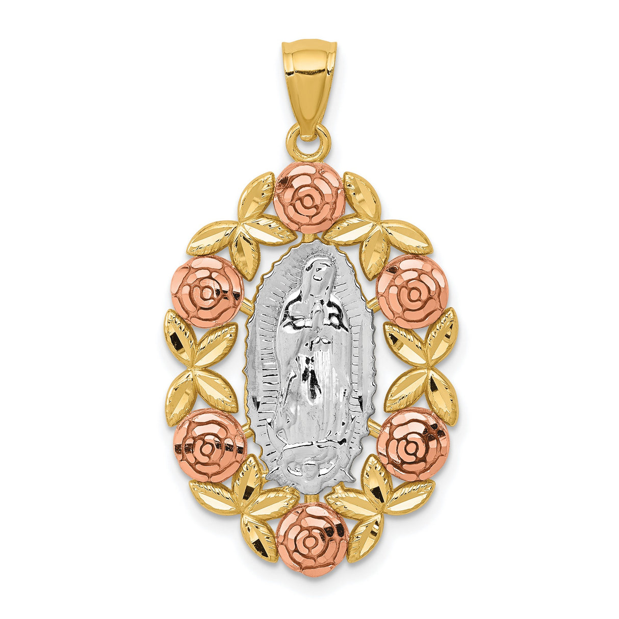 Our Lady of Guadalupe with Rose Gold Flower Border Charm Pendant in Real 14k Multi-Tone Gold