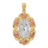 Our Lady of Guadalupe with Rose Gold Flower Border Charm Pendant in Real 14k Multi-Tone Gold