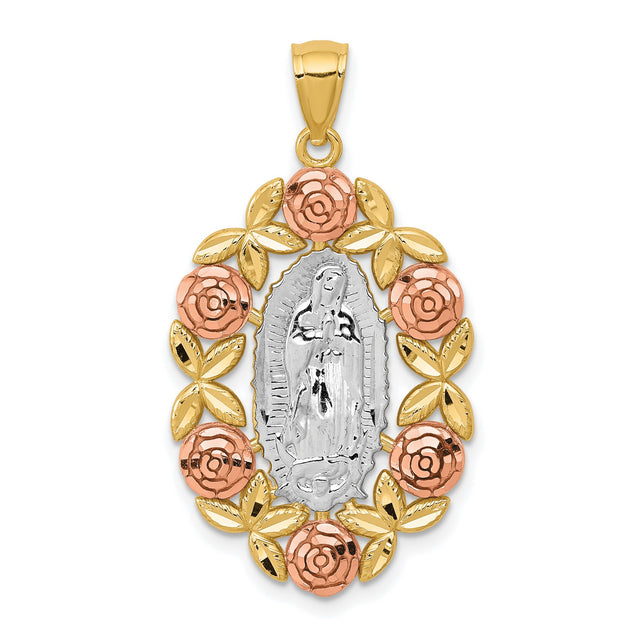 Our Lady of Guadalupe with Rose Gold Flower Border Charm Pendant in Real 14k Multi-Tone Gold