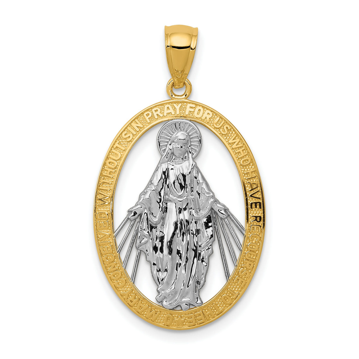 Miraculous Medal Our Lady of Graces with Words Cut-Out Oval Charm Pendant in Real 14k Multi-Tone Gold