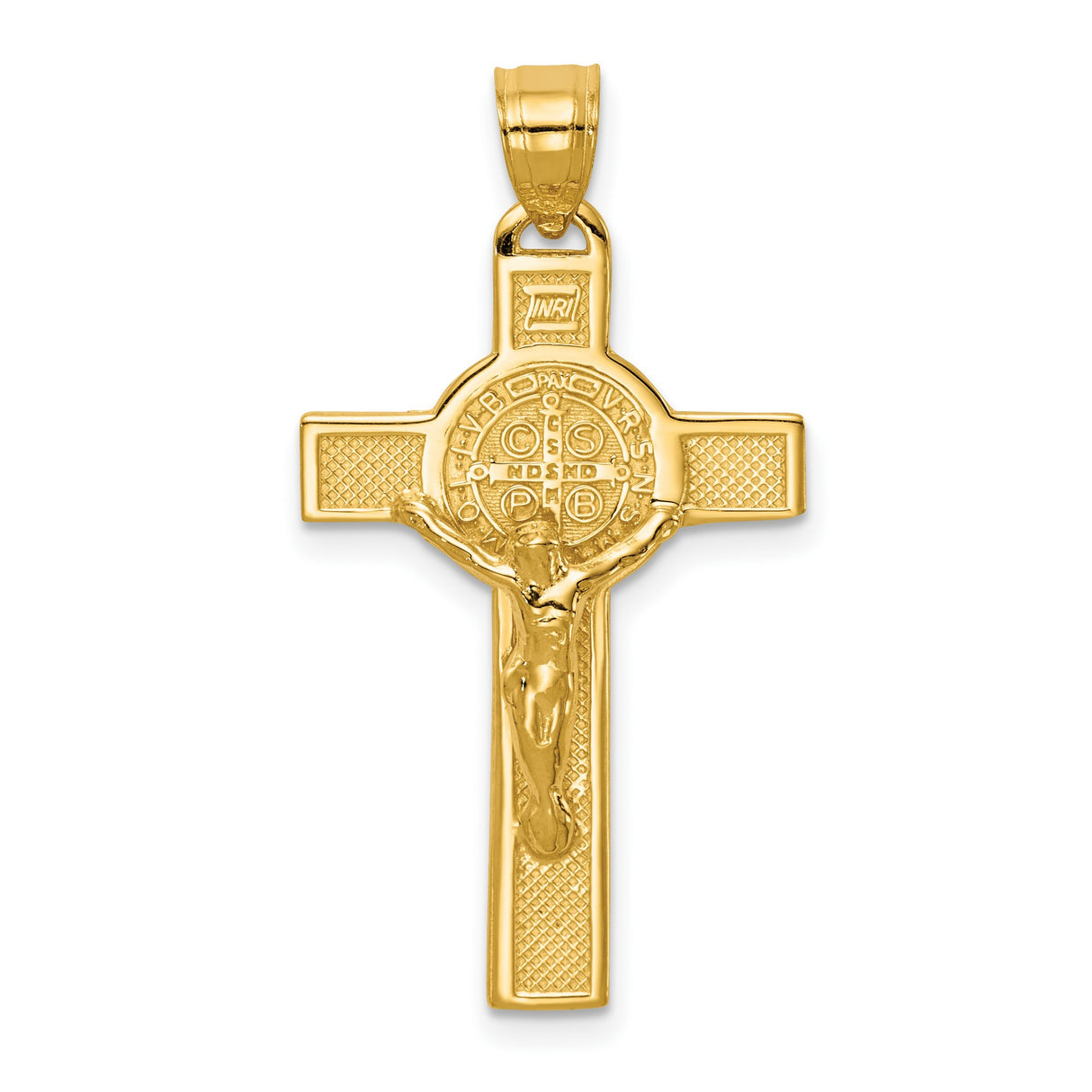 Saint Benedict INRI Crucifix Cross Charm Pendant in Real 14k Yellow Gold