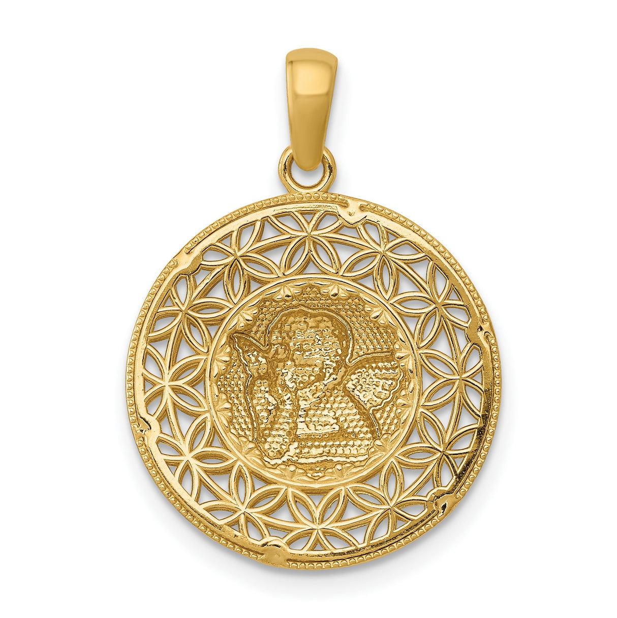 Cherub Round with Flower Border Charm Pendant in Real 14k Multi-Tone Gold