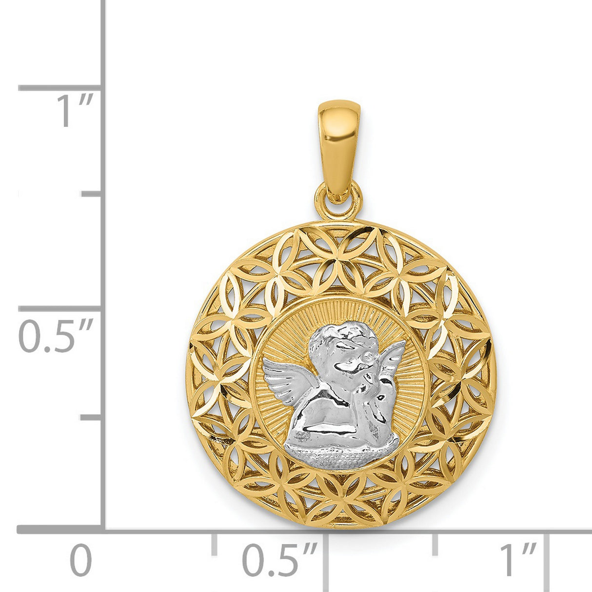 Cherub Round with Flower Border Charm Pendant in Real 14k Multi-Tone Gold