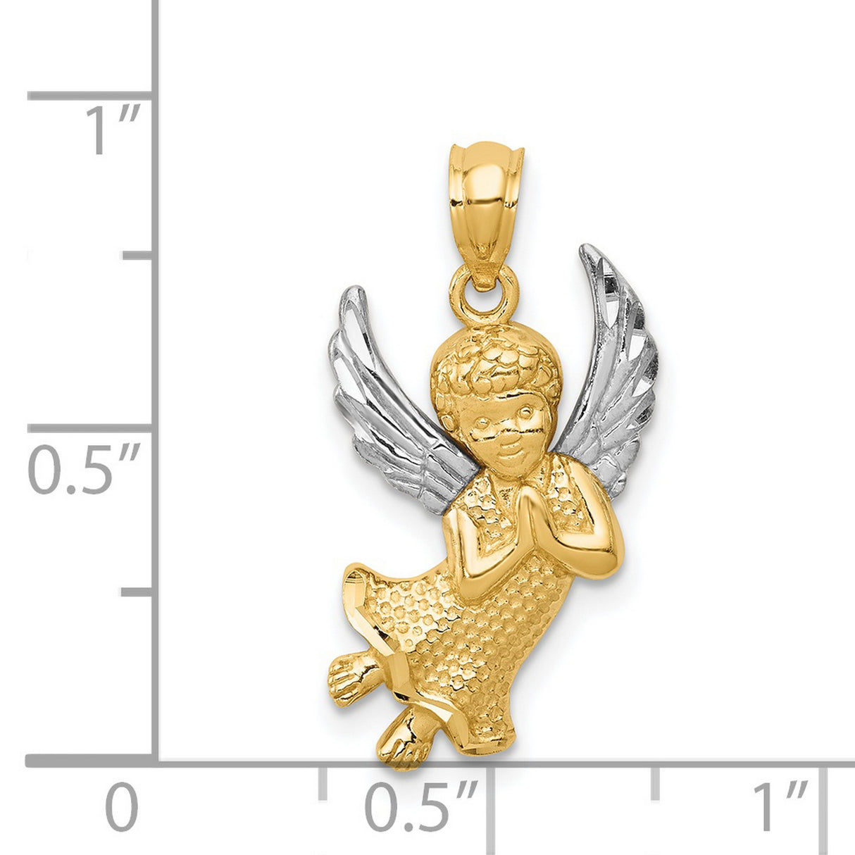 Praying Angel With Rhodium Wings Charm Pendant in Real 14k Multi-Tone Gold