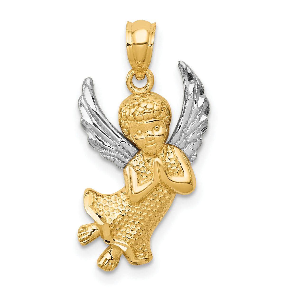 Praying Angel With Rhodium Wings Charm Pendant in Real 14k Multi-Tone Gold