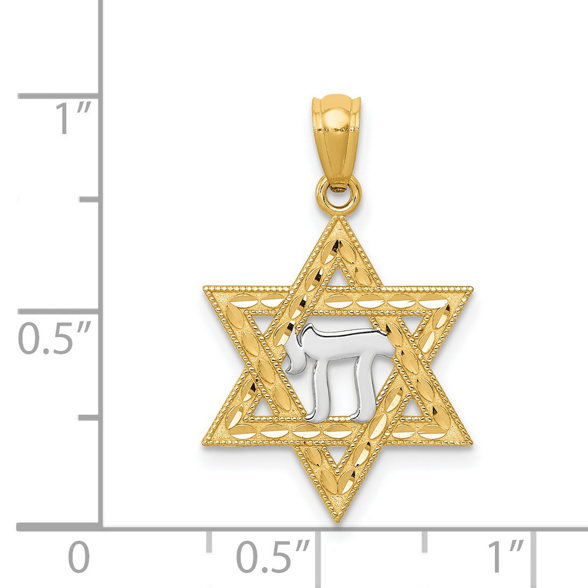 Star Of David With Rhodium Chai Long Life Symbol Charm Pendant in Real 14k Multi-Tone Gold