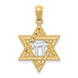 Star Of David With Rhodium Chai Long Life Symbol Charm Pendant in Real 14k Multi-Tone Gold