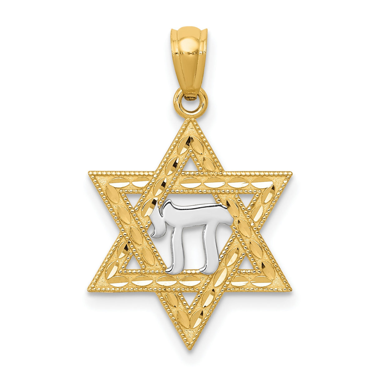 Star Of David With Rhodium Chai Long Life Symbol Charm Pendant in Real 14k Multi-Tone Gold