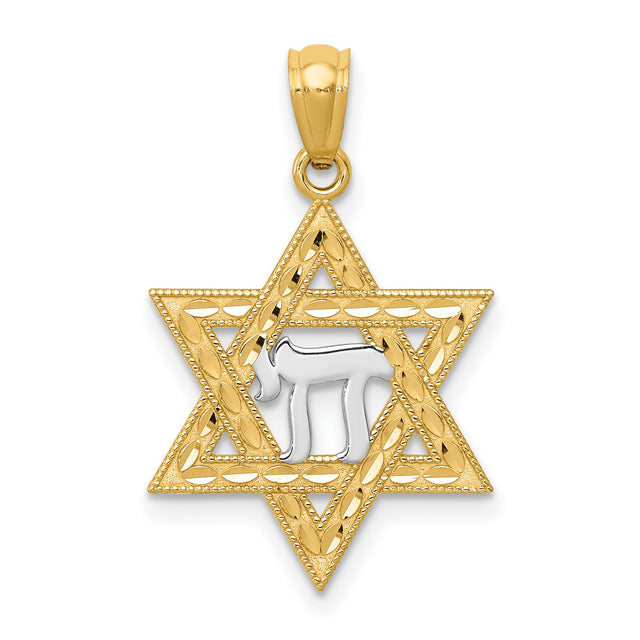 Star Of David With Rhodium Chai Long Life Symbol Charm Pendant in Real 14k Multi-Tone Gold