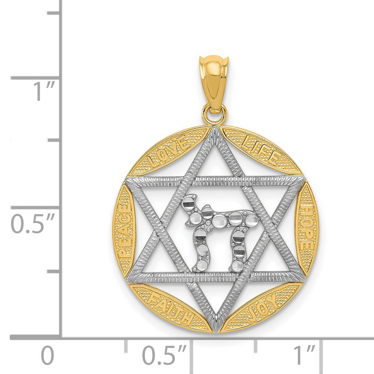 Rhodium Star Of David And Chai With Love Life Hope Joy Faith And Peace Words Charm Pendant in Real 14k Multi-Tone Gold