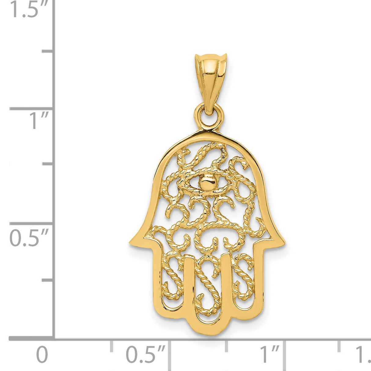 14k Yellow Gold Hamsa Hand Pendant with Filigree Design and Evil Eye Symbol