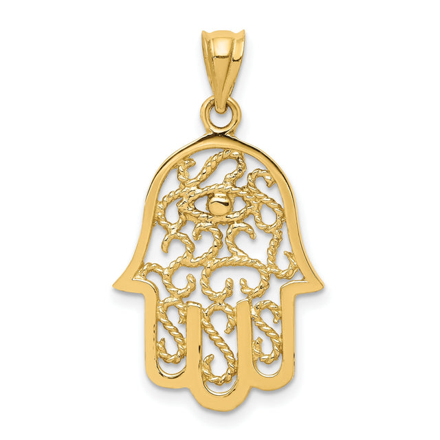 14k Yellow Gold Hamsa Hand Pendant with Filigree Design and Evil Eye Symbol