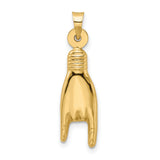 14k Yellow Gold Pendant with Rock Hand Gesture Symbol, Heavy Metal Music Charm