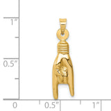 14k Yellow Gold Pendant with Rock Hand Gesture Symbol, Heavy Metal Music Charm