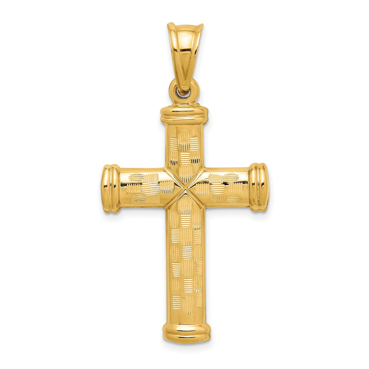 14k Yellow Gold Cross Pendant with Basket Weave Texture and Diamond Cut Finish