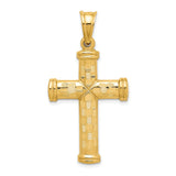 14k Yellow Gold Cross Pendant with Basket Weave Texture and Diamond Cut Finish