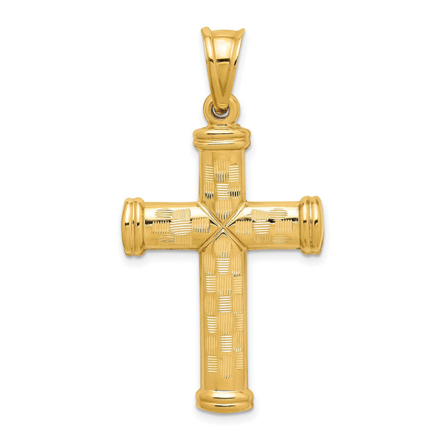 14k Yellow Gold Cross Pendant with Basket Weave Texture and Diamond Cut Finish
