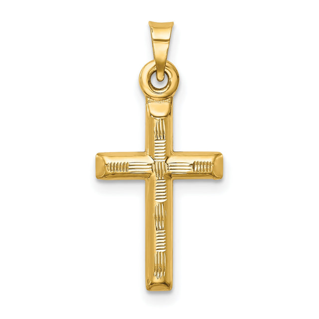 14k Yellow Gold Cross Pendant, Diamond Cut Detail, High Polish Textured Latin Cross Design