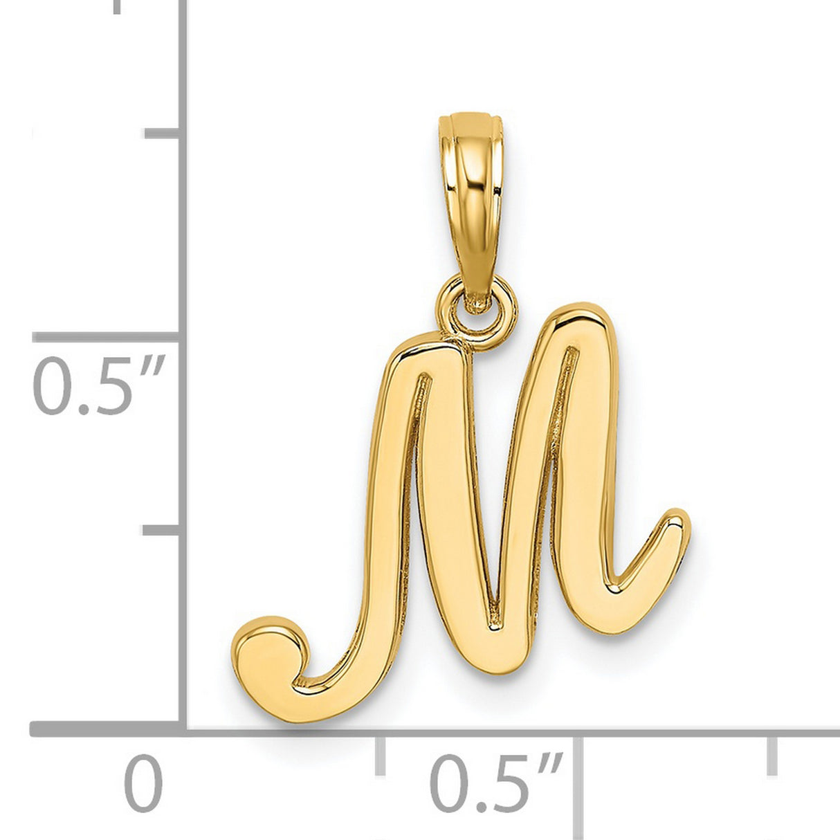 14k Yellow Gold Script M Pendant, Polished Initial Letter Charm with Flowing Design