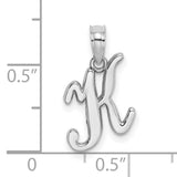 14k White Gold Script Initial K Pendant, Polished Cursive Letter Charm for Women