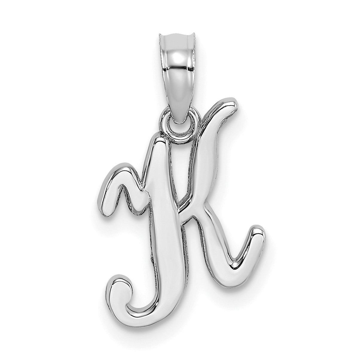 14k White Gold Script Initial K Pendant, Polished Cursive Letter Charm for Women