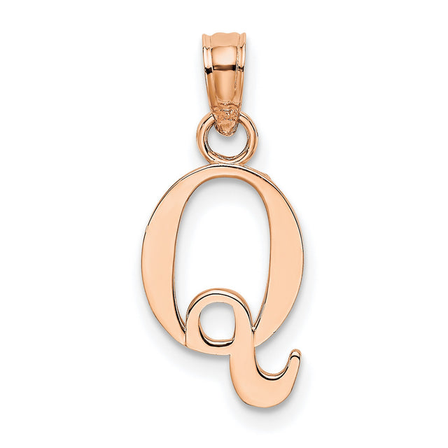 14k Rose Gold Script Initial Q Pendant, Polished Open Cursive Letter Charm for Women