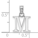 14k White Gold Letter M Pendant, Polished Block Initial Charm for Women
