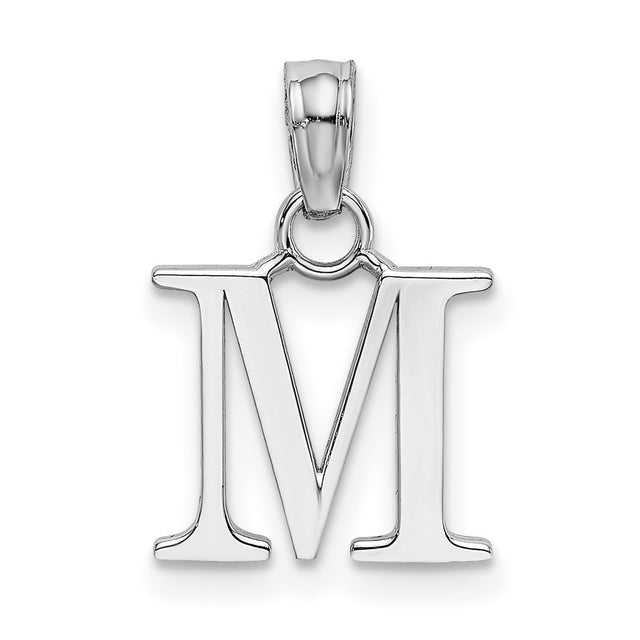 14k White Gold Letter M Pendant, Polished Block Initial Charm for Women