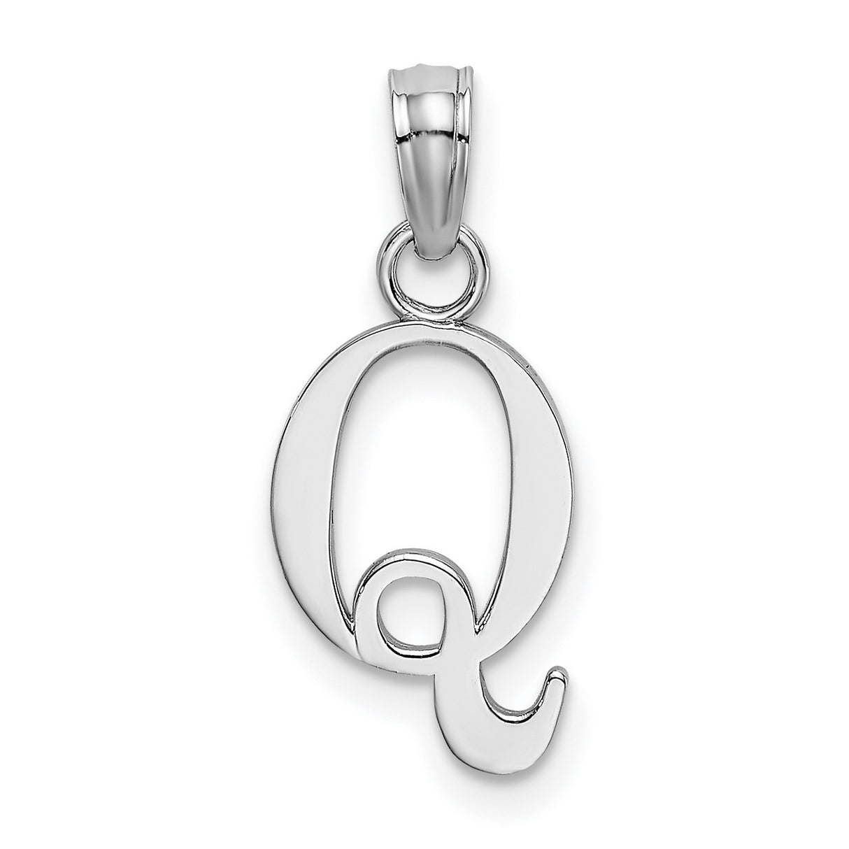 14k White Gold Letter Q Pendant, Polished Script Initial Charm for Women