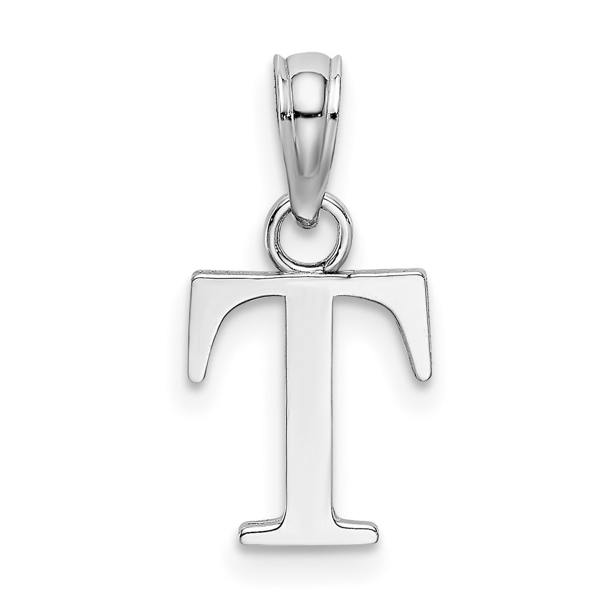 14k White Gold Initial T Pendant, Block Letter Alphabet Charm, Polished Finish