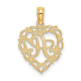 14k Yellow Gold Heart Pendant with Script Letter R, Ornate Initial Charm for Women